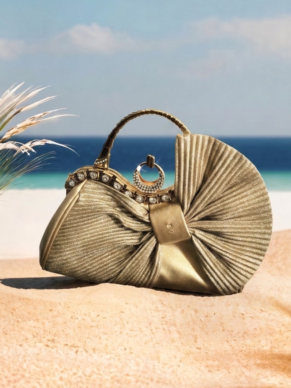 Gold Pleated Bow Top-Handle Evening Bag